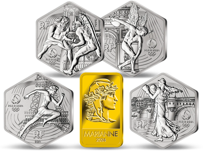 Coffret des 4 monnaies de 10€ hexagonales Paris 2024  « Marianne - Génie - Semeuse Hercule » + le lingot en or pur « Marianne 2024 »